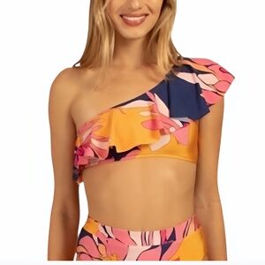 Trina Turk One-Shoulder Floral Bikini in Pink and Orange, Size 8